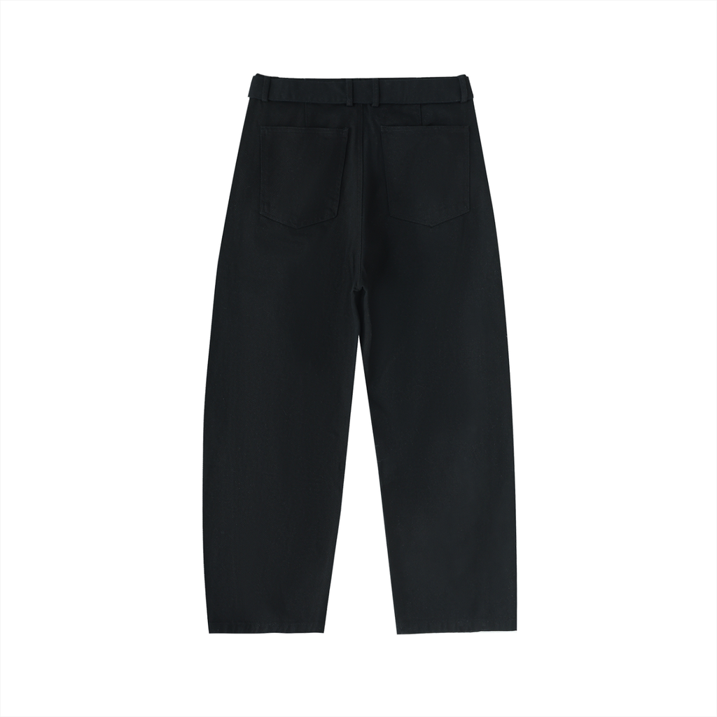 ODMPOD belted barrel-leg chino pants showing a relaxed fit with a waist belt and tapered leg, in a neutral color.