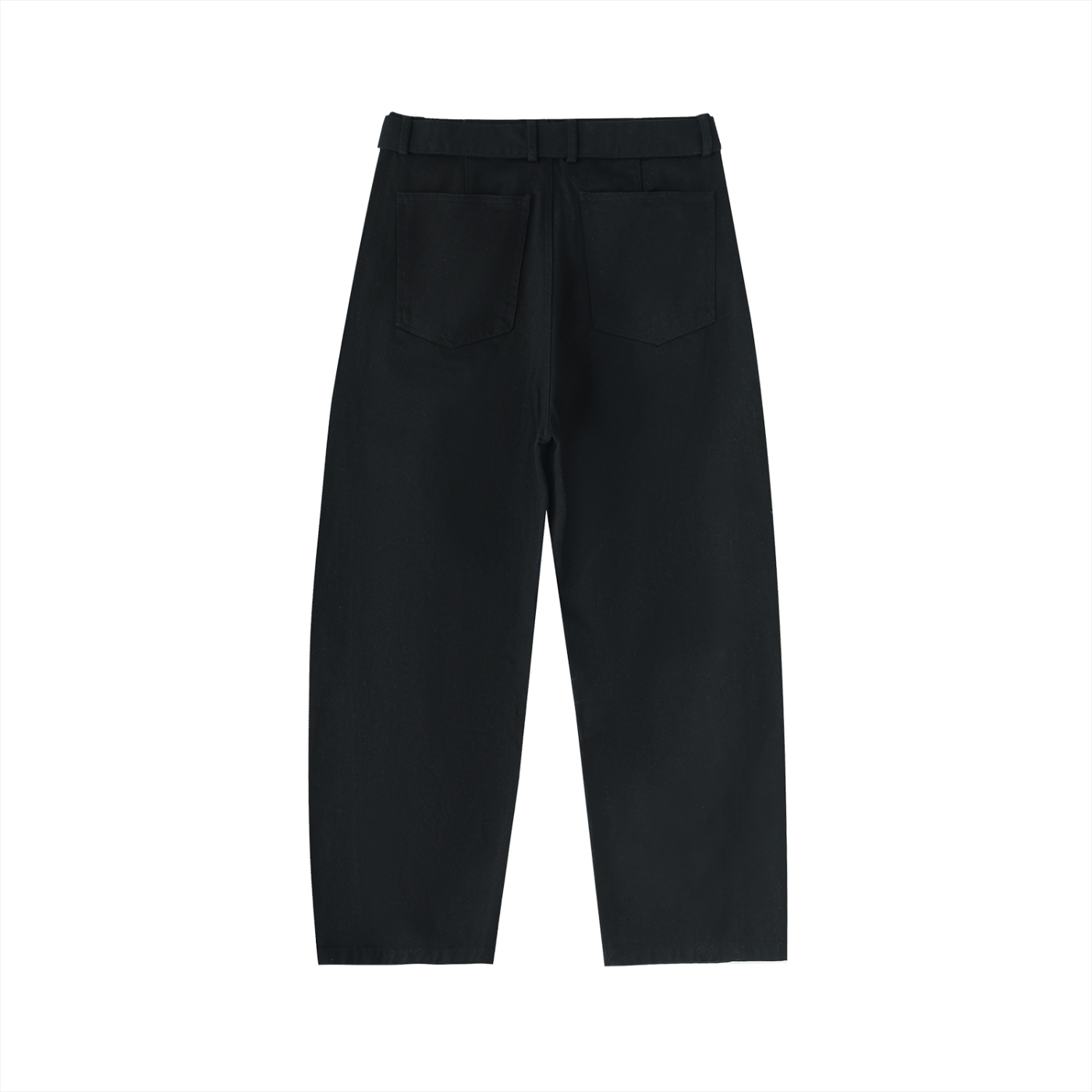 ODMPOD belted barrel-leg chino pants showing a relaxed fit with a waist belt and tapered leg, in a neutral color.
