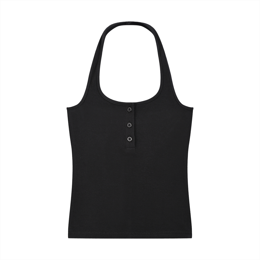 ODMPOD ribbed Henley tank top shown in a close-up, featuring a ribbed texture and buttoned neckline.