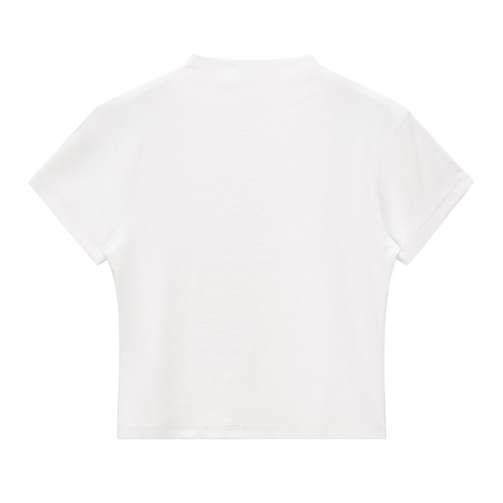 ODMPOD essential slim fit mock neck T-shirt in neutral color, featuring a close-fitting design and mock neckline.