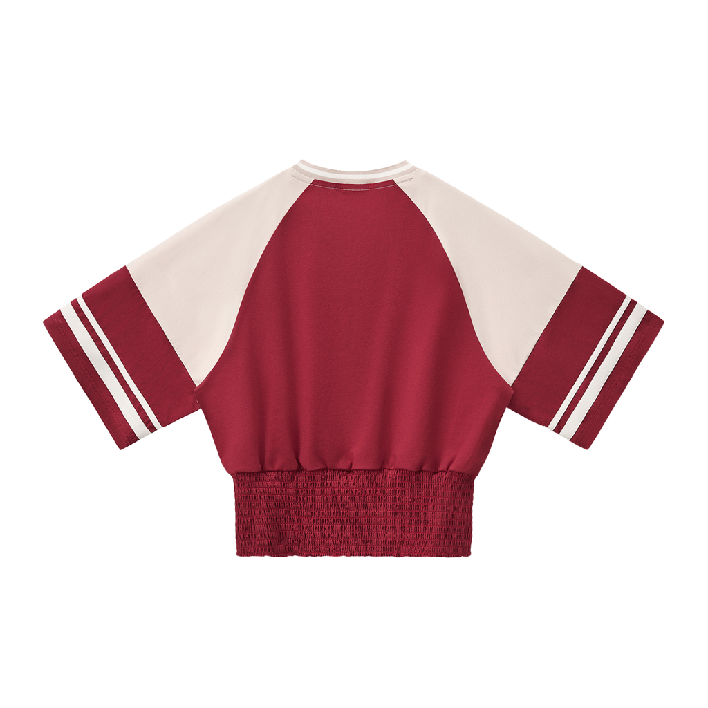 ODMPOD color block ruched T-shirt featuring vibrant color panels and ruched detailing on a casual women's T-shirt.