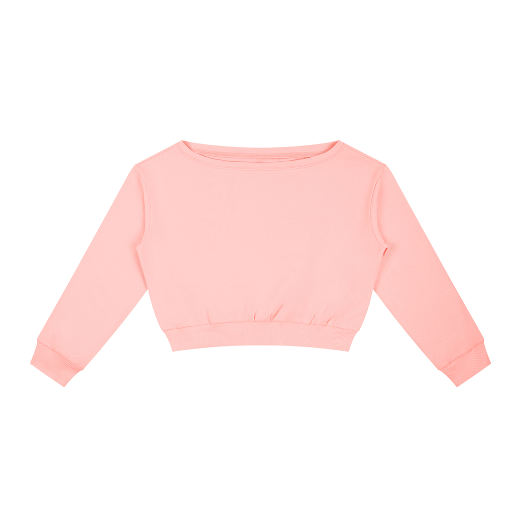 Off-shoulder ODMPOD sweatshirt displayed flat, showcasing its casual design and soft fabric in a neutral color.