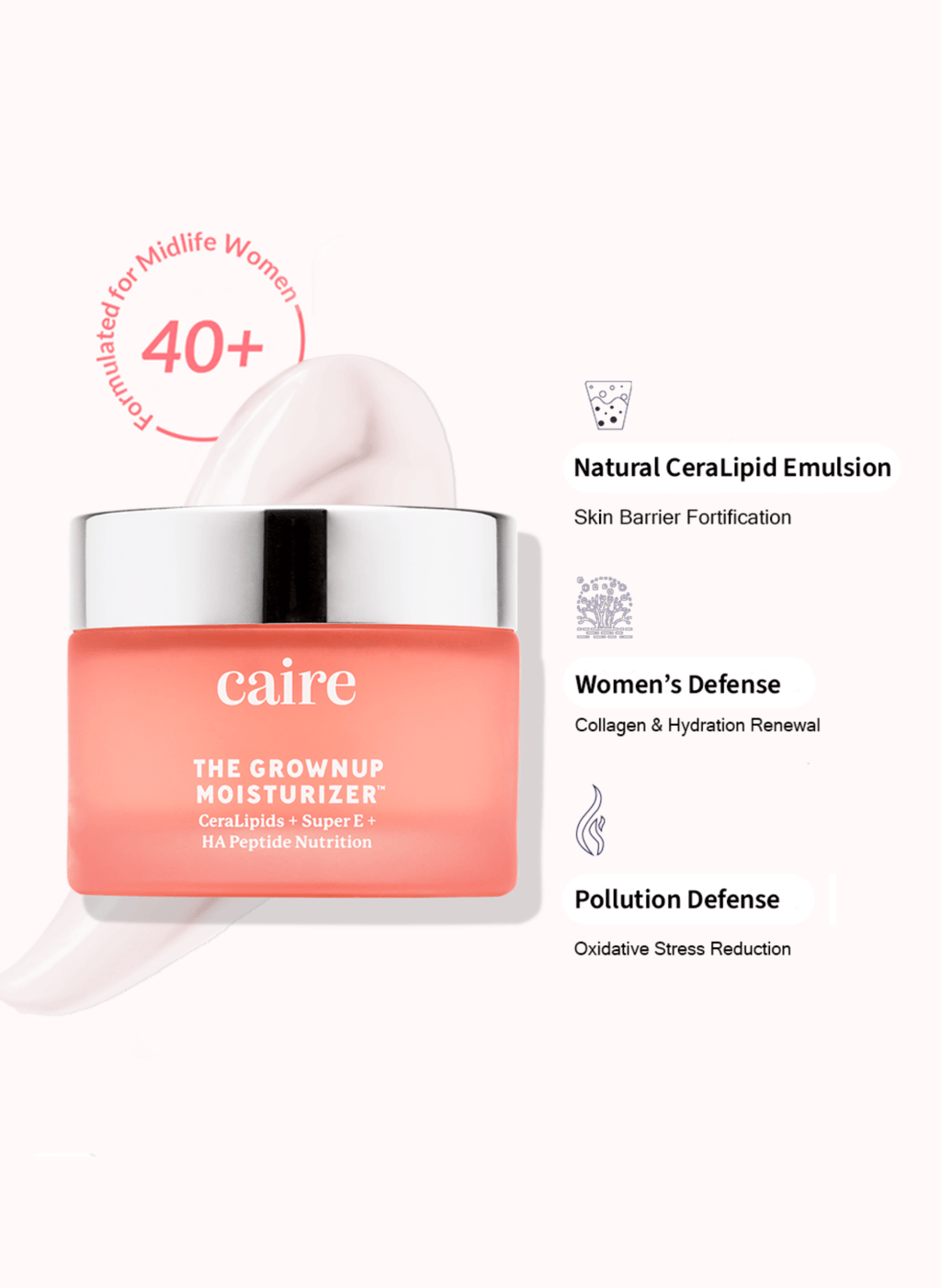 Caire Beauty moisturizer for mature skin with a smooth, creamy texture in a sleek jar, designed to hydrate and nourish aging skin.