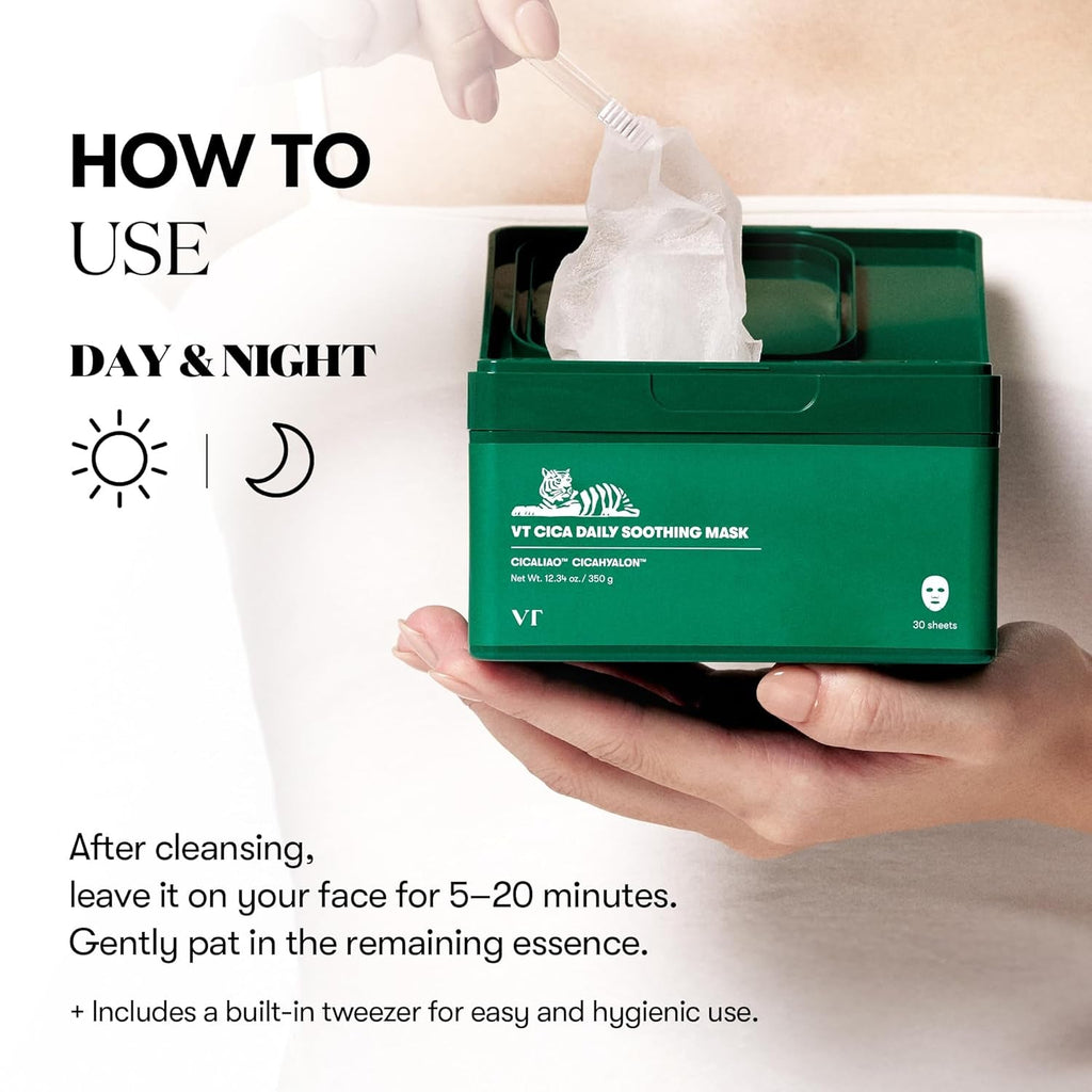 Korean Skin Care CICA Daily Soothing Mask with Centella Asiatica and Hyaluronic Acid, moisturizing facial mask sheets for calming skin