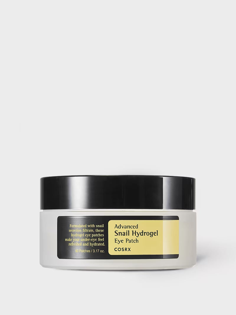 Korean Skin Care Advanced Snail Hydrogel Eye Patches, 60 patches for hydration and refreshment around the eyes, in a clear container.