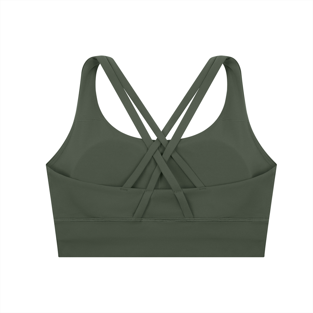 ODMPOD strappy criss-cross sports bra with adjustable straps, designed for active wear and comfortable support.