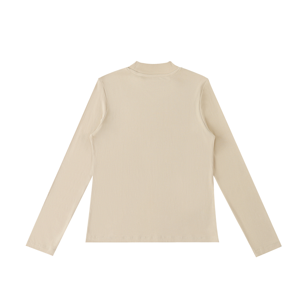 ODMPOD essential mock neck long sleeve T-shirt, close-up showing soft fabric and fitted design in neutral color