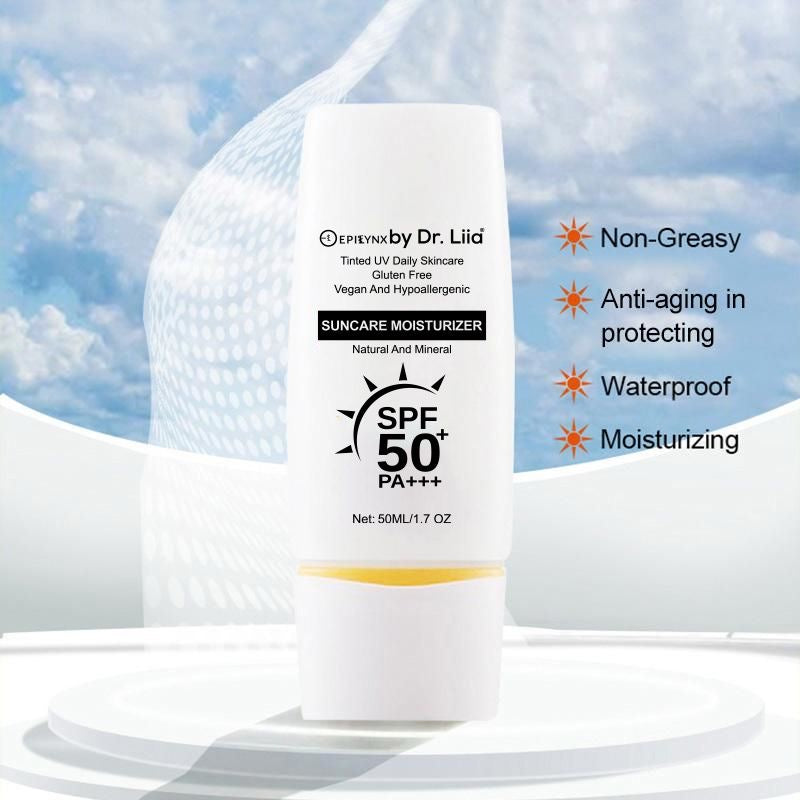 EpiLynx SPF 50 mineral moisturizer in a white tube, designed for hydrating, vegan, sensitive skin suncare.