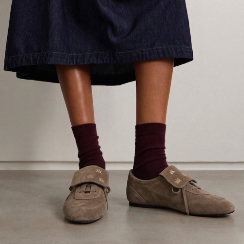 Amie Rafa Chelley Suede Sneakers featuring tan suede material, casual lace-up shoes with white rubber soles.