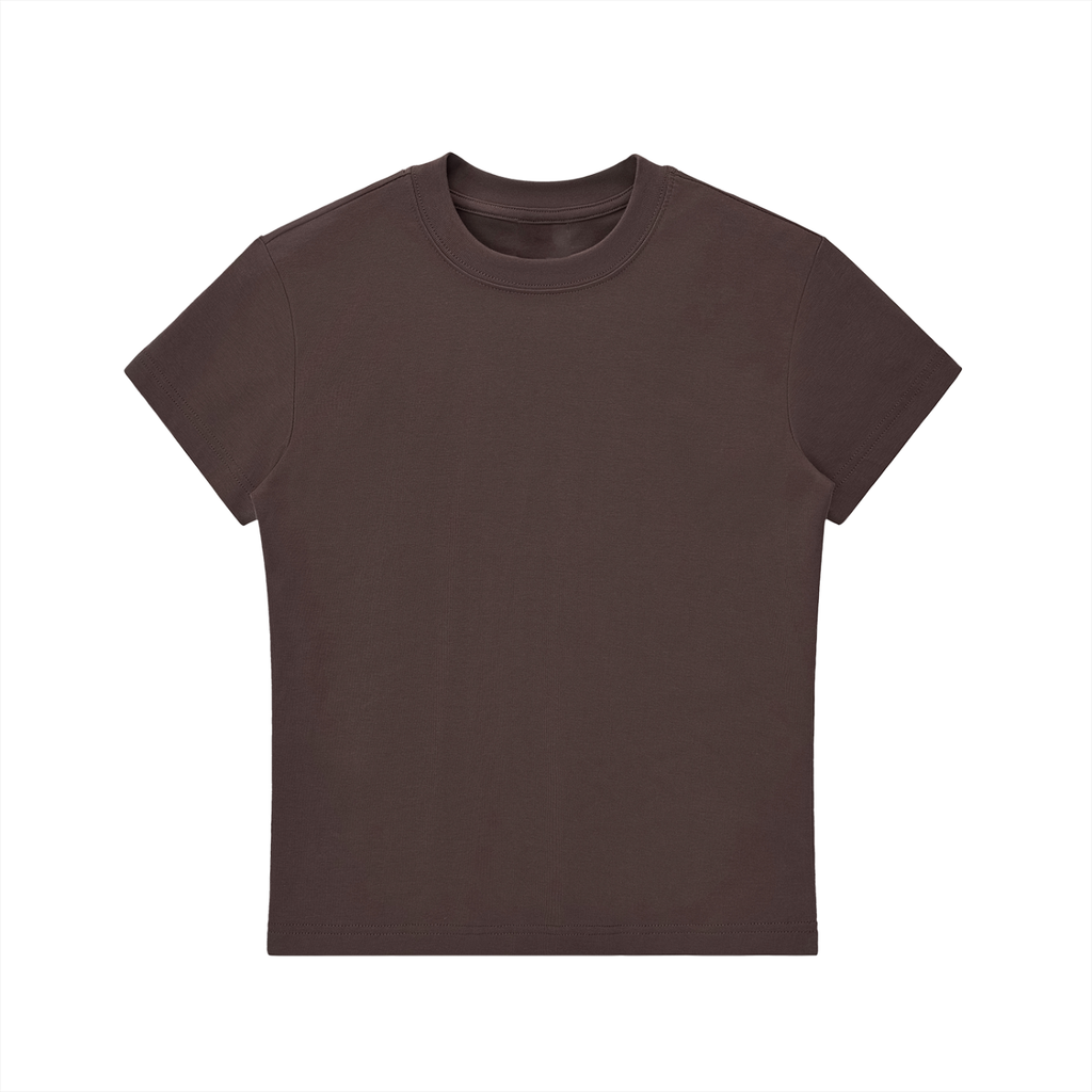ODMPOD Essential Bodycon Crewneck T-Shirt in neutral fabric, fitted silhouette, short sleeves, and classic crew neckline.