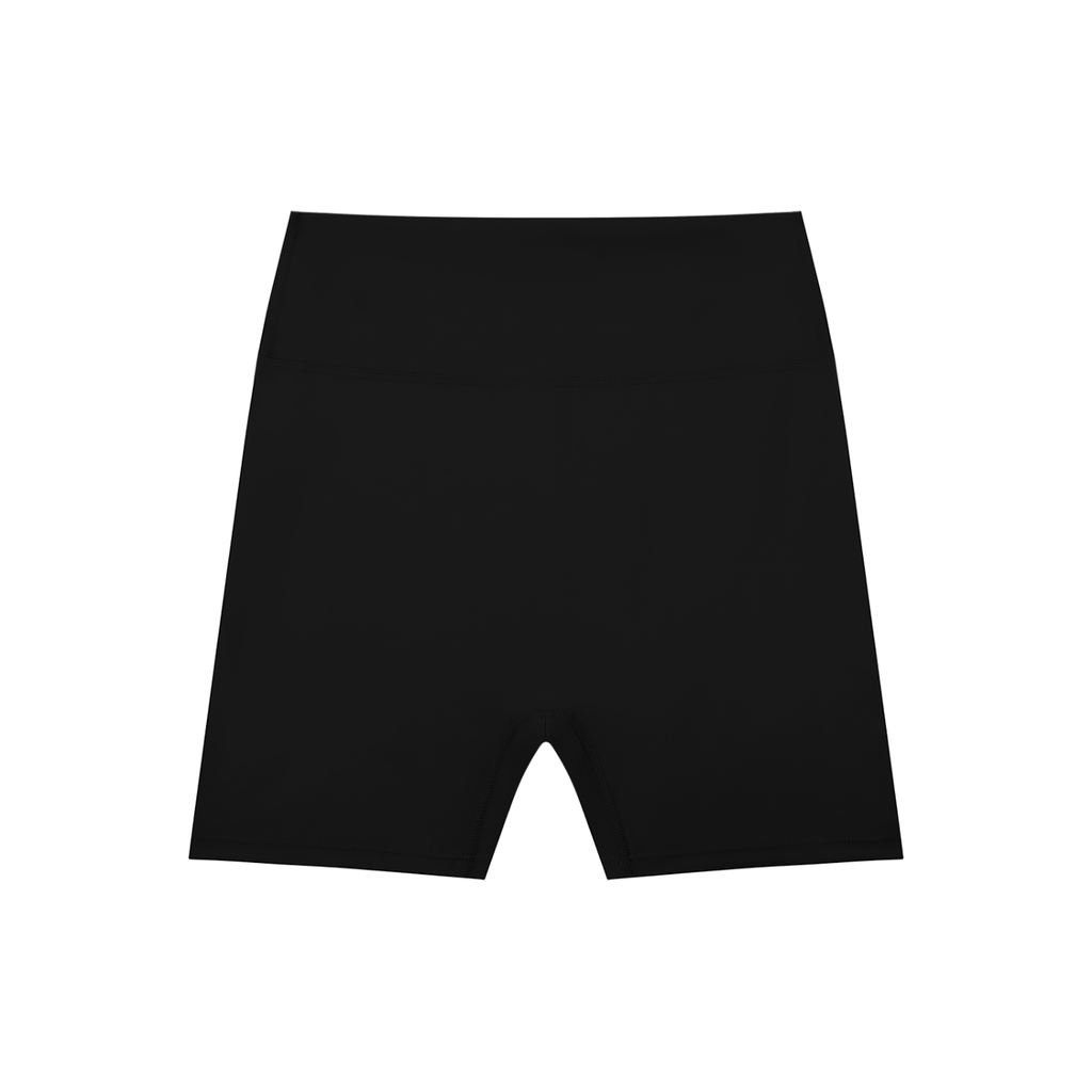 ODMPOD high-waisted blend biker shorts shown flat, featuring a snug fit, stretchy fabric, and a sleek black design for activewear or casual wear.
