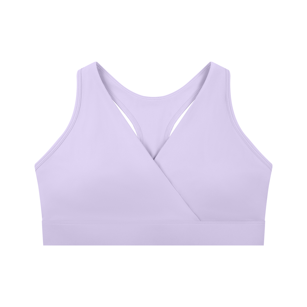 ODMPOD crossover V-neck sports bra featuring a supportive design, with a close-up view of the black fabric and V-shaped neckline.
