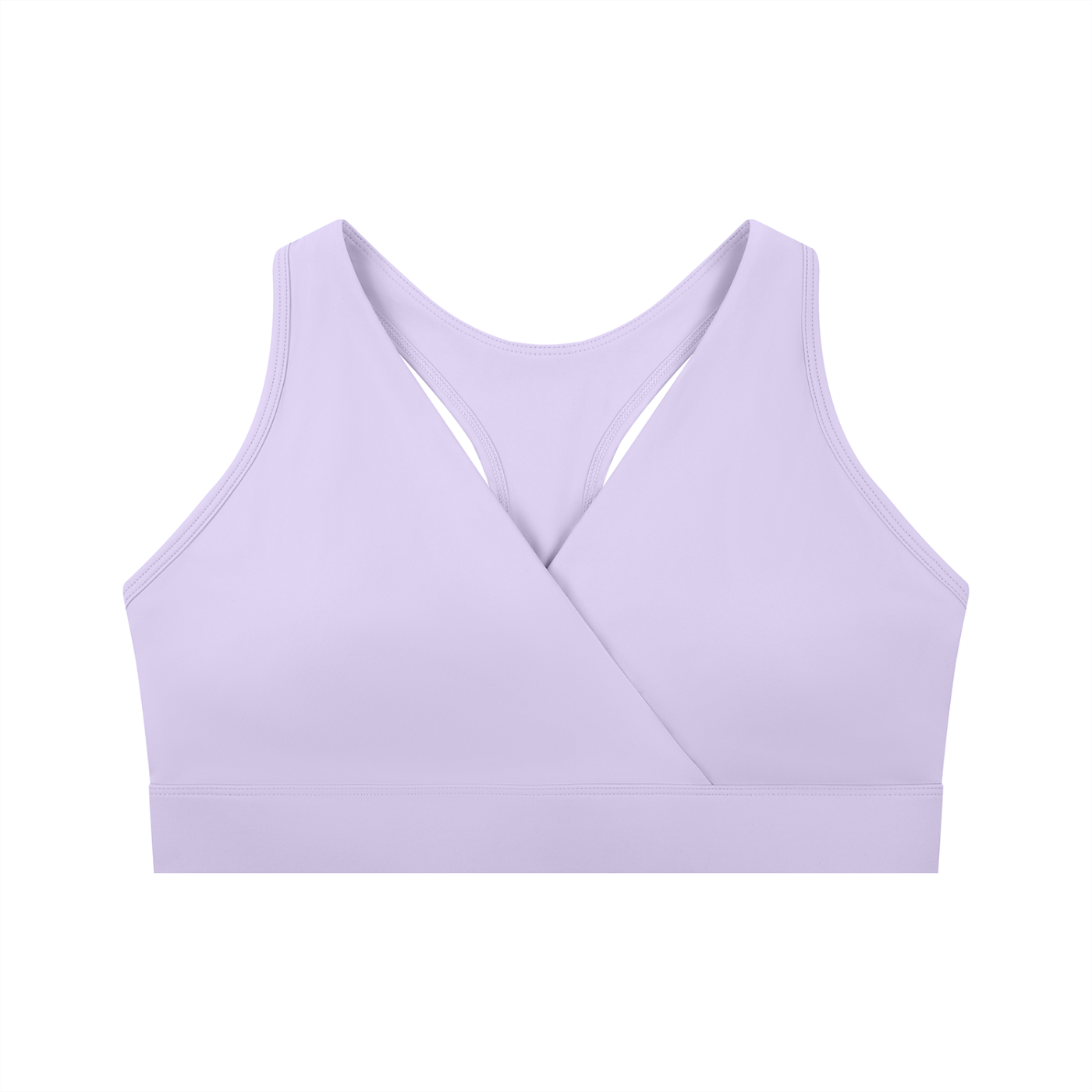 ODMPOD crossover V-neck sports bra featuring a supportive design, with a close-up view of the black fabric and V-shaped neckline.