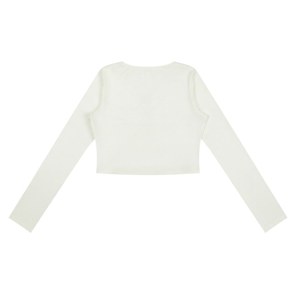 ODMPOD ruched long sleeve crop T-shirt in black, featuring fitted design and stylish ruched details on the sleeves.