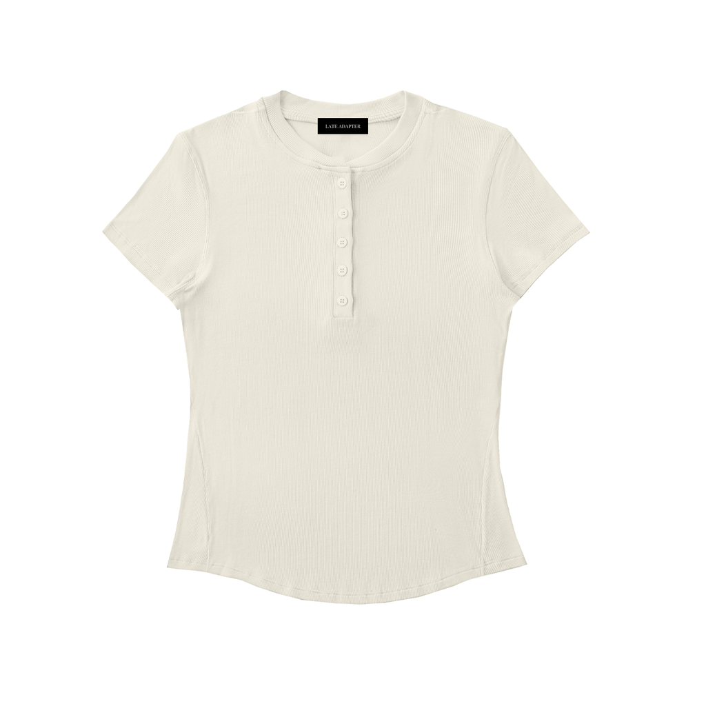 ODMPOD modal bodycon Henley shirt, close-up of fitted T-shirt with buttoned neckline and soft, stretchy fabric on a neutral background.