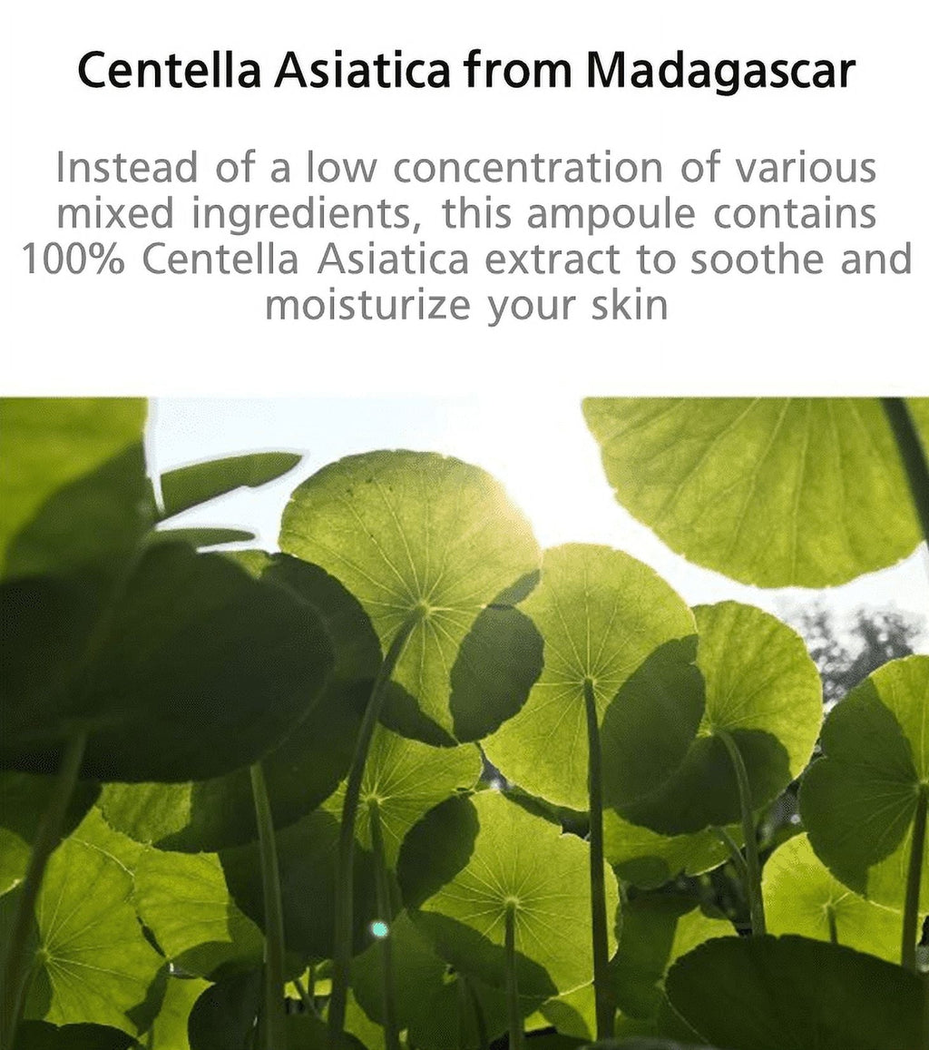 Korean Skin Care Madagascar Centella Ampoule 100ml in a clear glass bottle with a pump dispenser, labeled with product details.