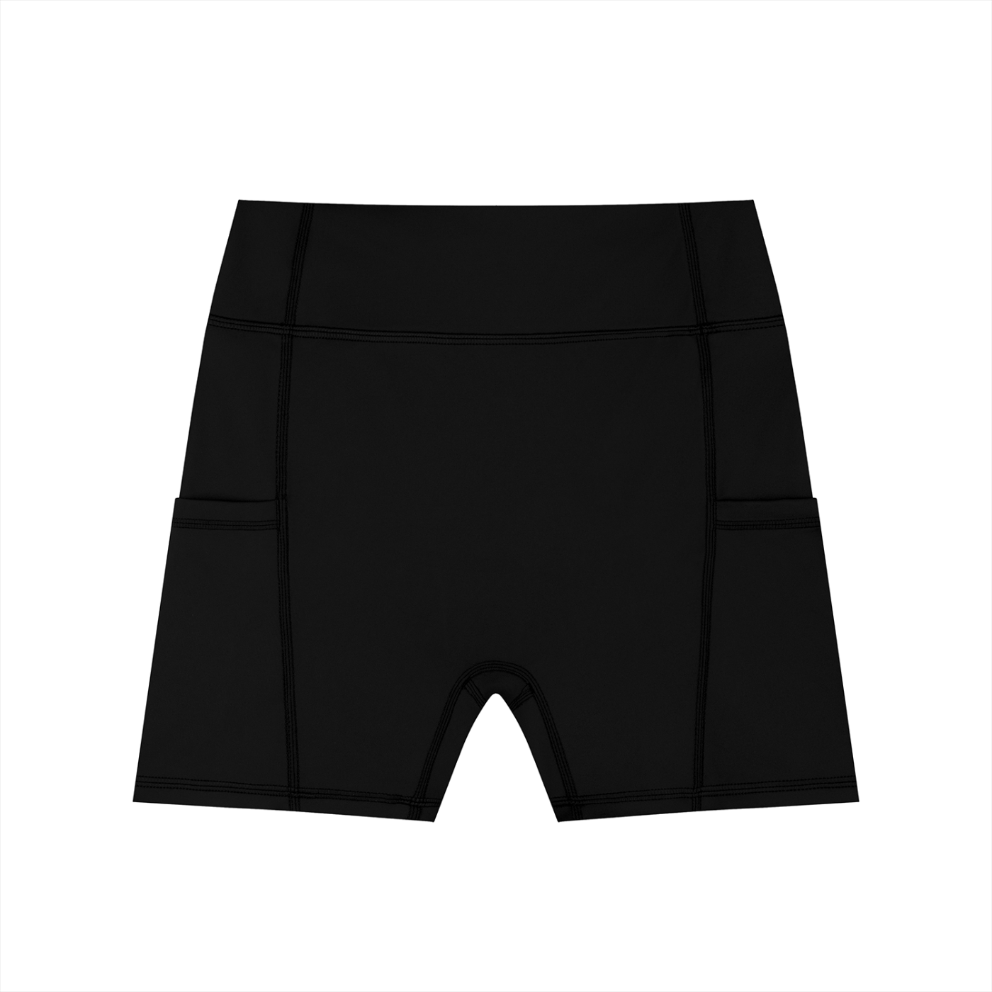 ODMPOD high-waisted pocket biker shorts showing a close-up of black stretchy fabric with side pockets and a fitted waist.