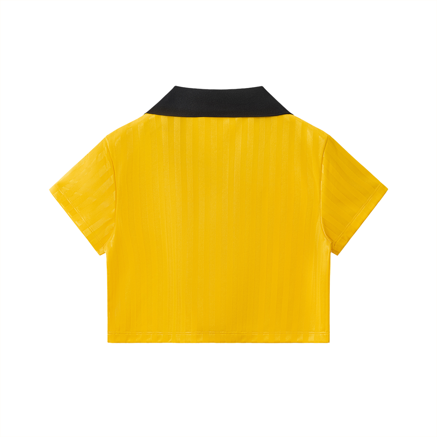 Striped cropped jersey with contrast collar by ODMPOD, showcasing its stylish design and vibrant color pattern.