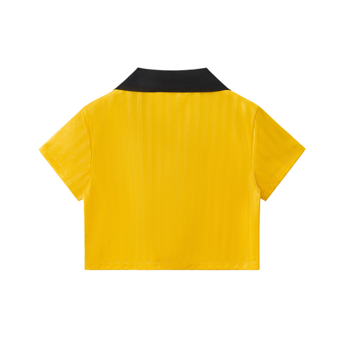 Striped cropped jersey with contrast collar by ODMPOD, showcasing its stylish design and vibrant color pattern.