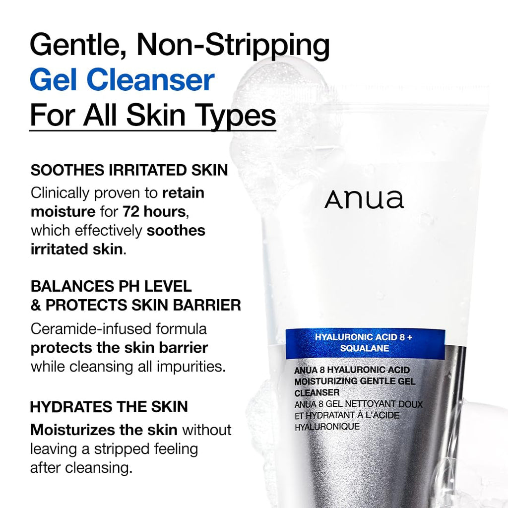 Korean Skin Care Gentle Gel Cleanser with hyaluronic acid, squalane, ceramide, foaming texture, daily hydrating facial wash in 150ml