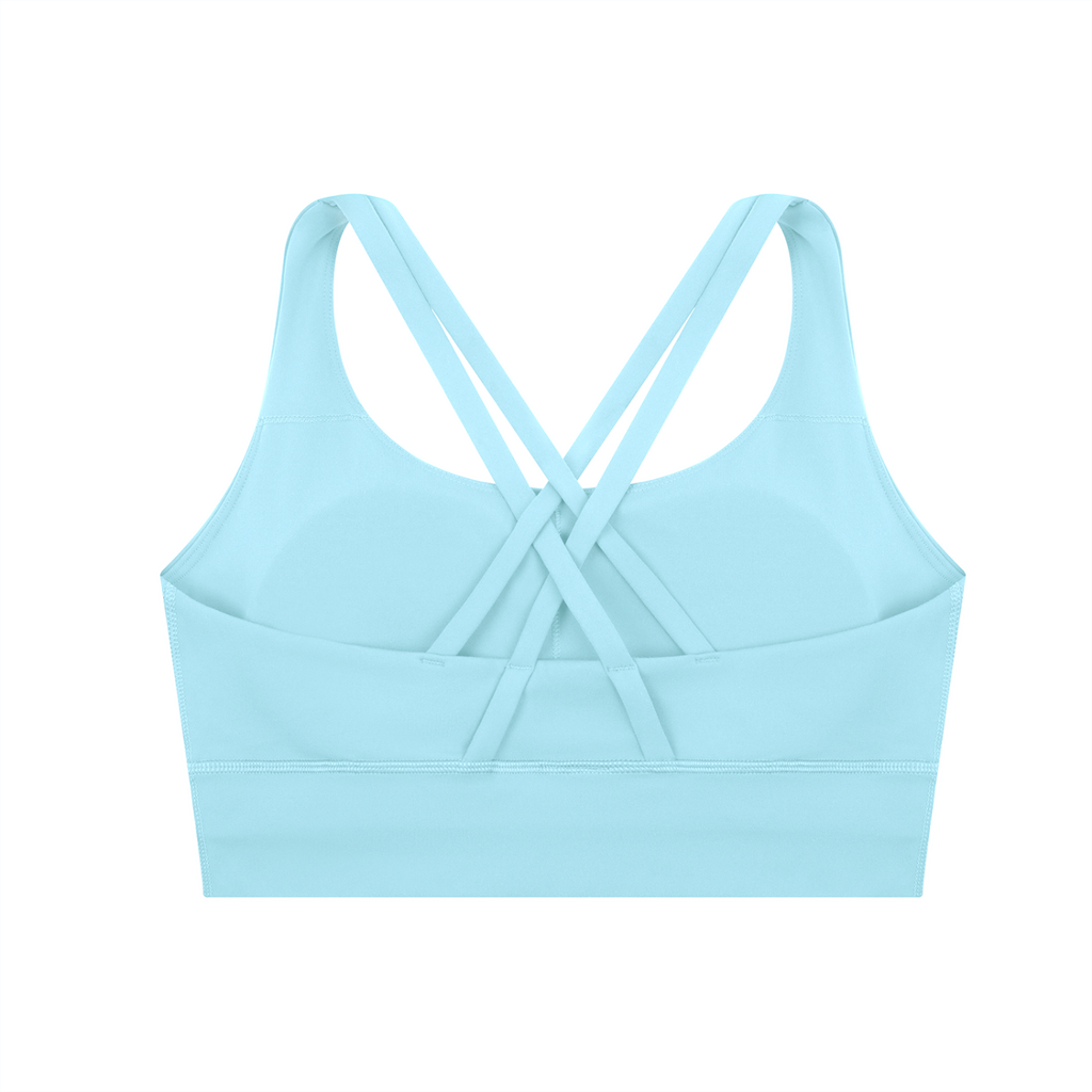 ODMPOD strappy criss-cross sports bra with supportive design and adjustable straps, shown on a mannequin.