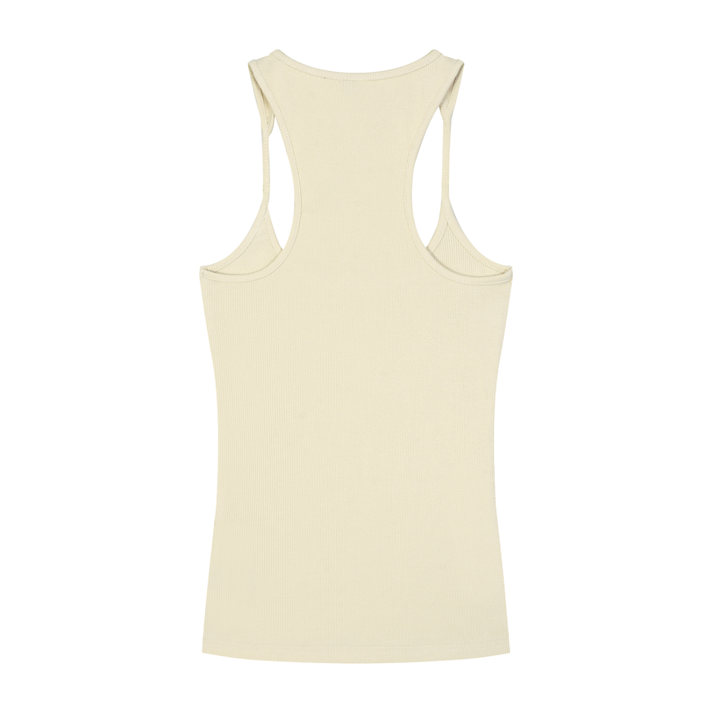 ODMPOD slim fit ribbed racerback tank top in black, close-up showing textured fabric and fitted style