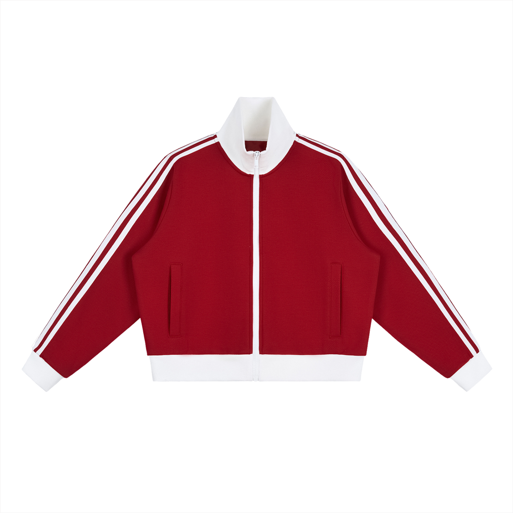 ODMPOD side stripe fleece cropped track jacket showing a stylish cropped fit with bold side stripes and soft fleece material