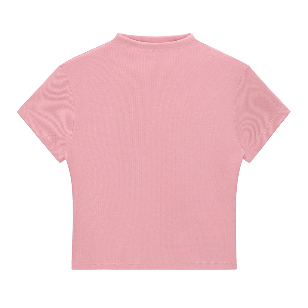 Essential slim fit mock neck T-shirt from ODMPOD, in a solid color, showing the close-up of the neckline and fabric texture.