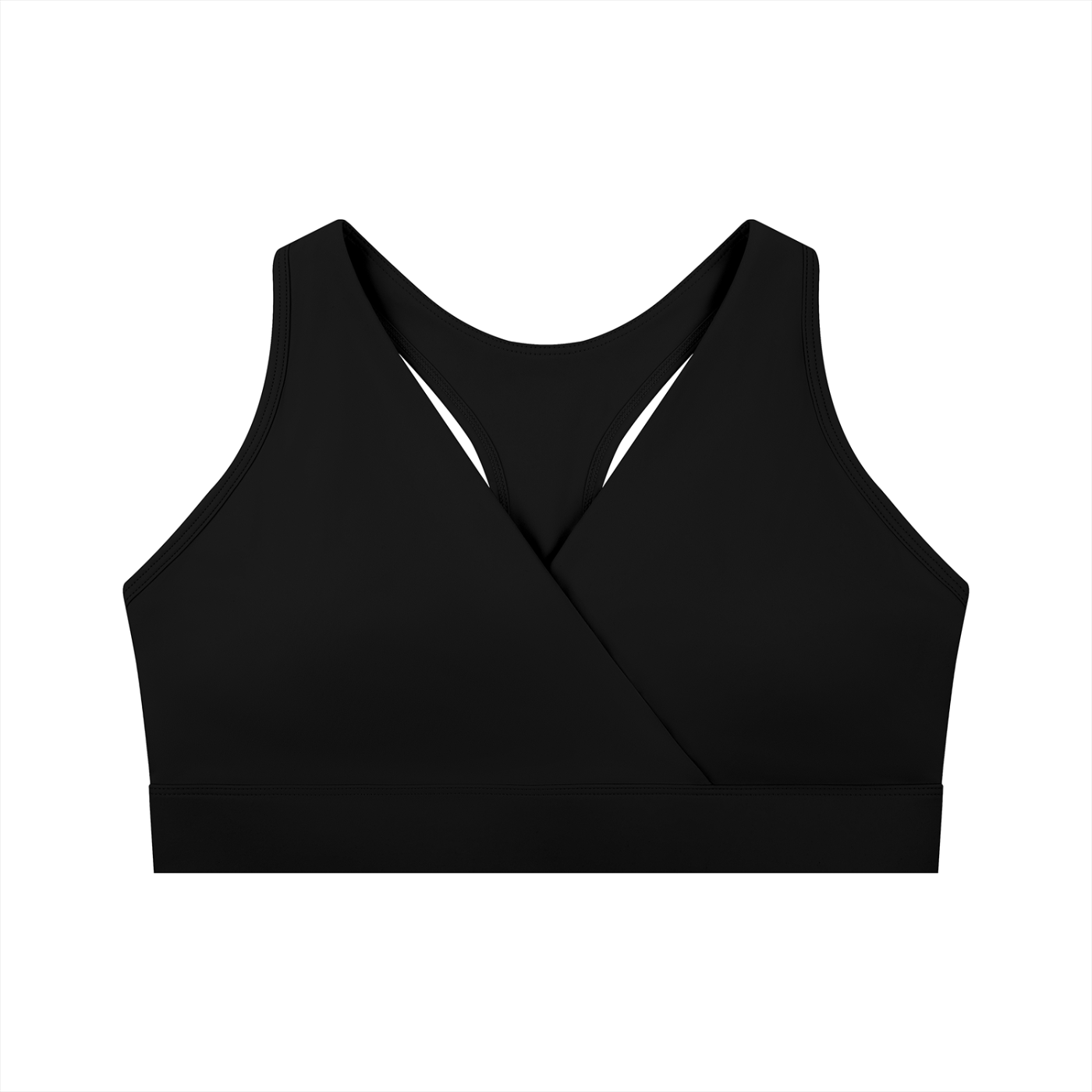 ODMPOD crossover V-neck sports bra in black, featuring supportive design and comfortable fit for active wear.
