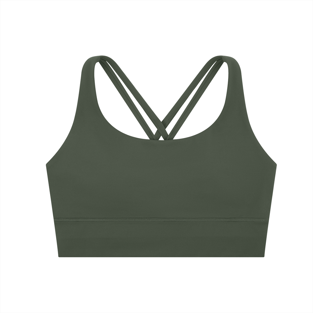 ODMPOD strappy criss-cross sports bra with adjustable straps and supportive fit, ideal for workout and active wear.