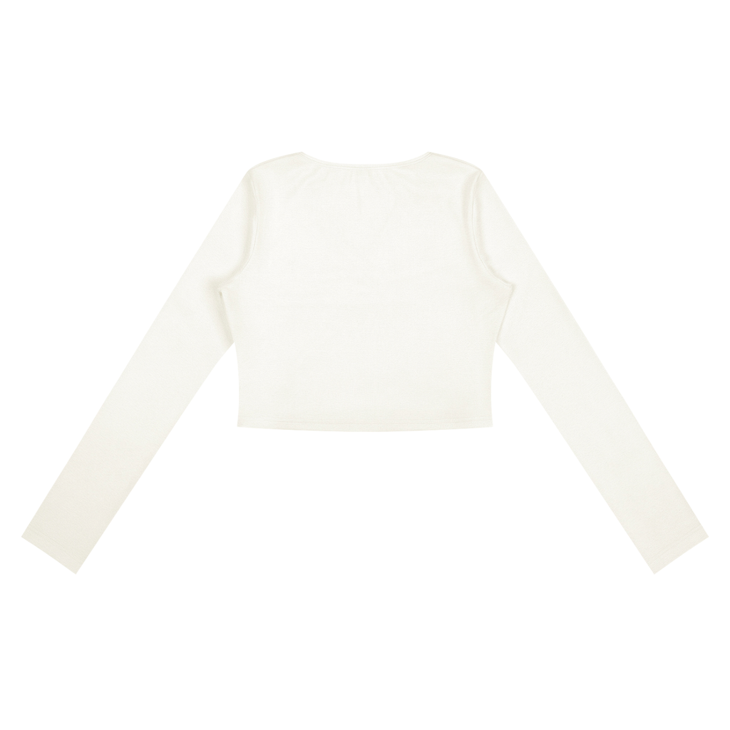 ODMPOD ruched long sleeve crop T-shirt, soft fabric, fitted design, with ruched details on the sleeves and body.