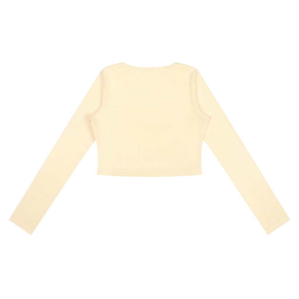 Pink ruched long sleeve crop T-shirt by ODMPOD featuring fitted design and soft fabric, styled on a mannequin.