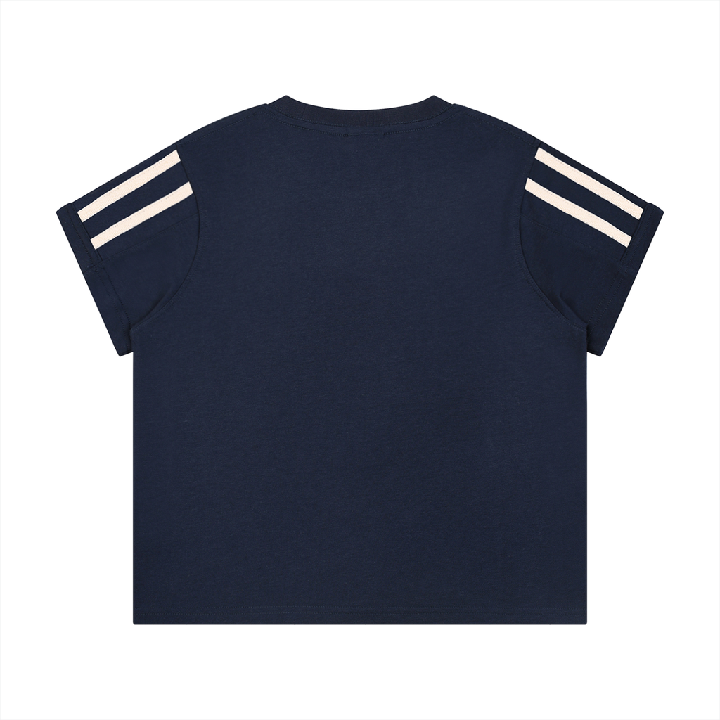 ODMPOD varsity stripe T-shirt featuring a classic design with bold stripe details on a comfortable cotton fabric.