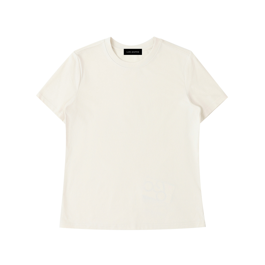 ODMPOD Essential Standard Shoulder T-Shirt in neutral color, displayed flat with front view and classic crew neckline.