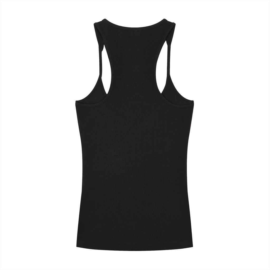 ODMPOD slim fit ribbed racerback tank top featuring a close-up view of the textured fabric and fitted design.