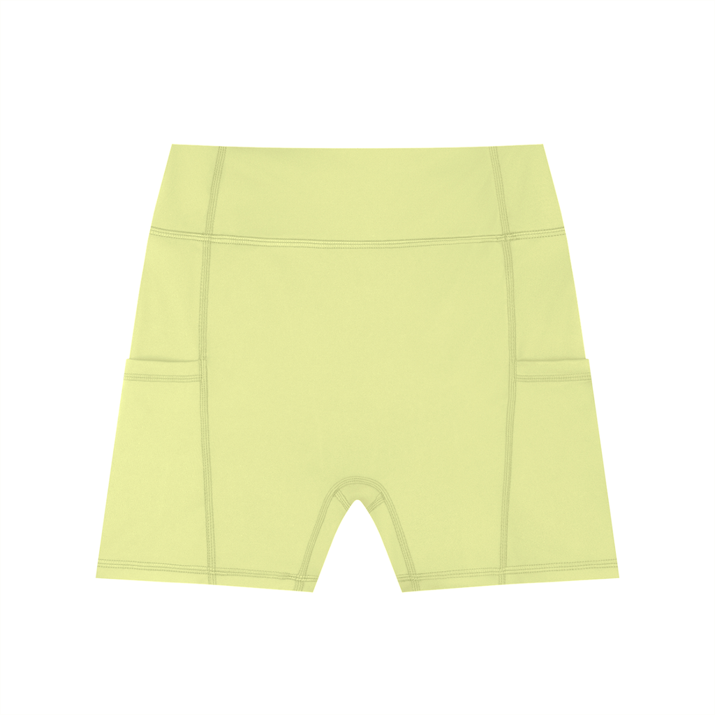 Black high-waisted biker shorts with front pockets by ODMPOD, styled with a fitted design for active or casual wear.