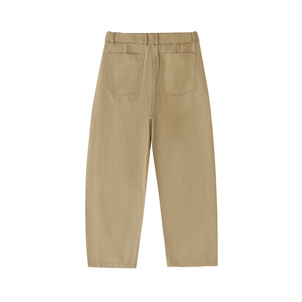 ODMPOD belted barrel-leg chino pants showing the relaxed fit, front pockets, and stylish belt detail.