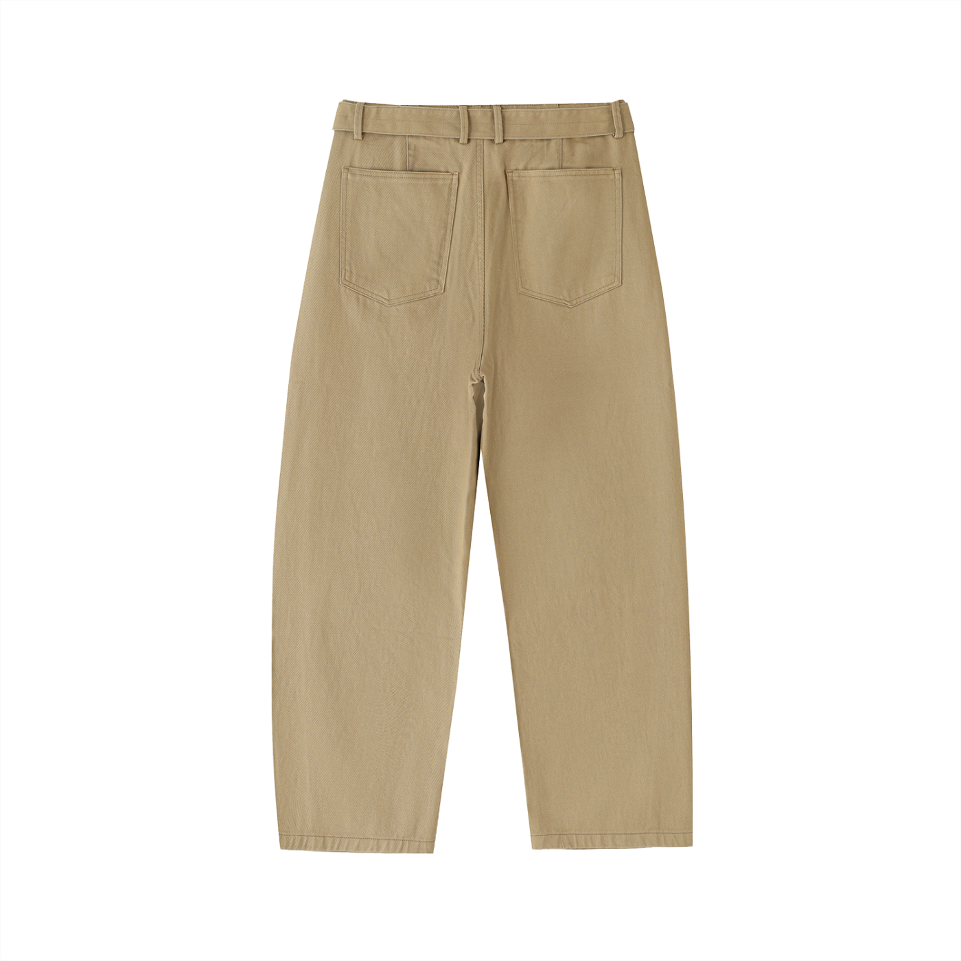 ODMPOD belted barrel-leg chino pants showing the relaxed fit, front pockets, and stylish belt detail.