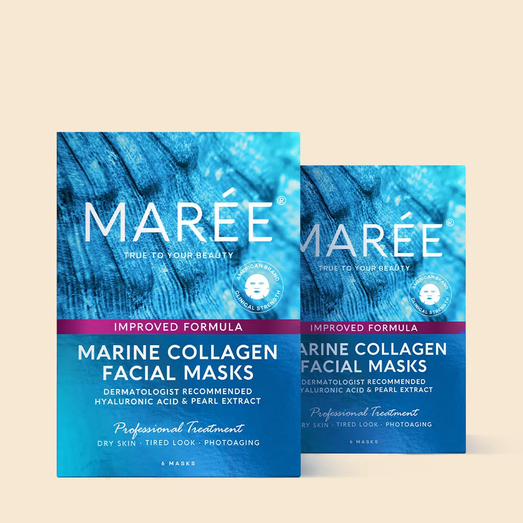Maree Hydrating Collagen Face Mask treatment shown on a woman's face, promoting hydration and skin rejuvenation.