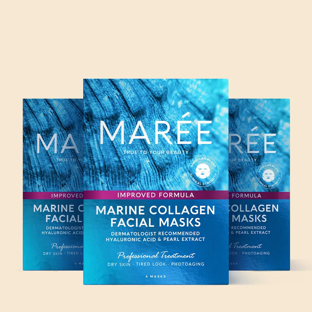 Maree Hydrating Collagen Face Mask treatment showing a woman applying a soothing collagen mask to her face.