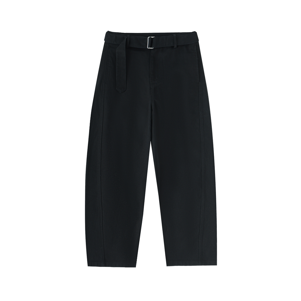 ODMPOD belted barrel-leg chino pants, khaki-colored casual pants with waist belt and relaxed fit, front pockets and tapered leg.