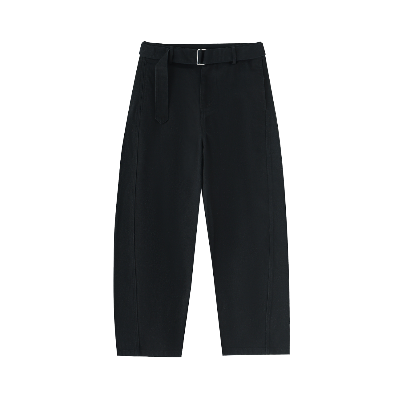 ODMPOD belted barrel-leg chino pants, khaki-colored casual pants with waist belt and relaxed fit, front pockets and tapered leg.