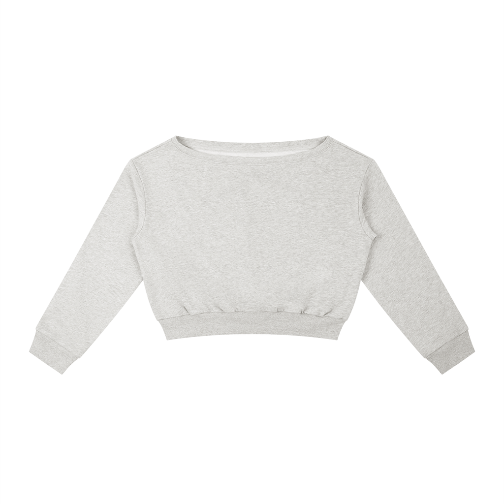 ODMPOD off-shoulder sweatshirt showing a relaxed fit with long sleeves and a stylish off-shoulder neckline.