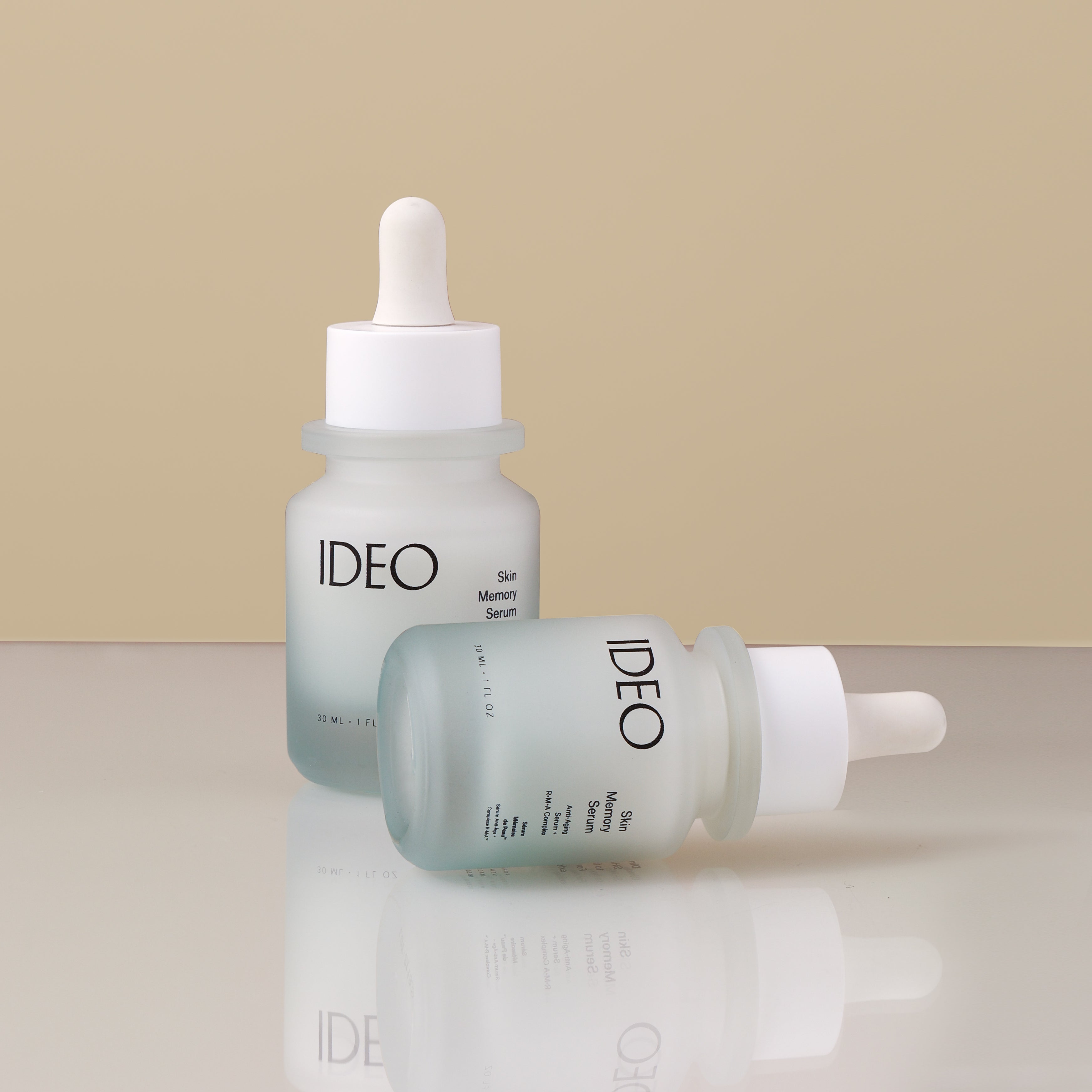 IDEOSkincare Skin Memory Serum in a glass dropper bottle, showcasing the face serum with a sleek, minimalist design.