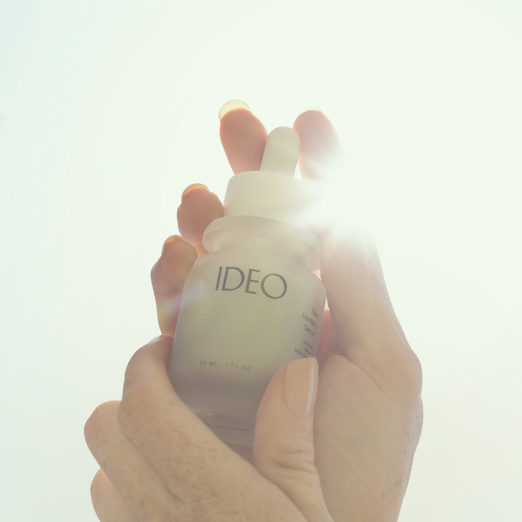 IDEOSkincare Skin Memory Serum in a sleek bottle, showcasing its elegant design for nourishing face serum application.
