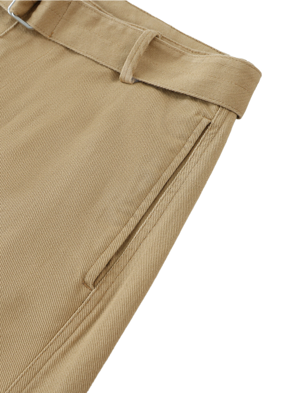 ODMPOD belted barrel-leg chino pants, beige color, showcasing the relaxed fit and stylish design with belt detail.