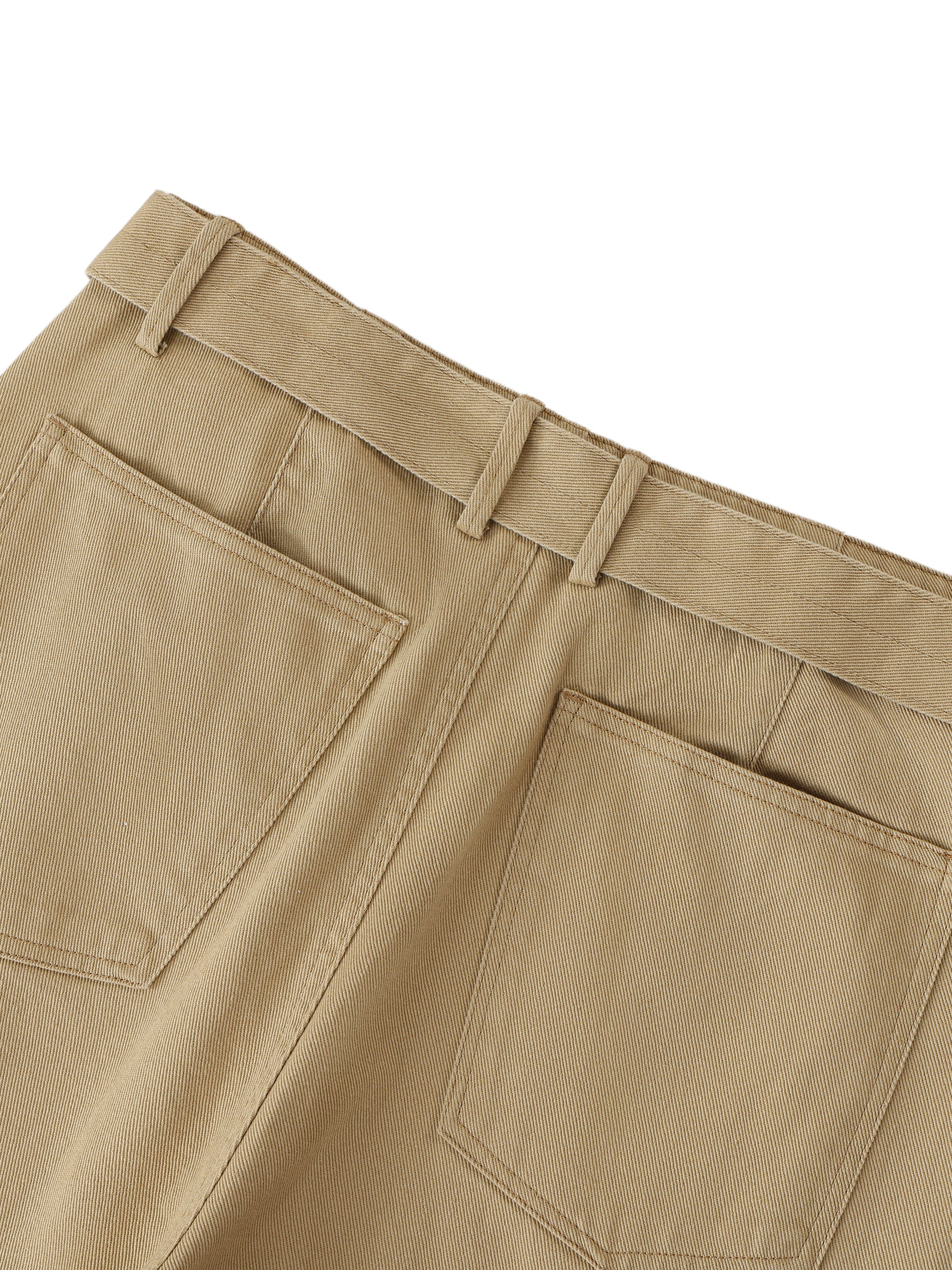 ODMPOD belted barrel-leg chino pants shown in khaki with front pockets and a relaxed fit, stylish casual men's trousers.