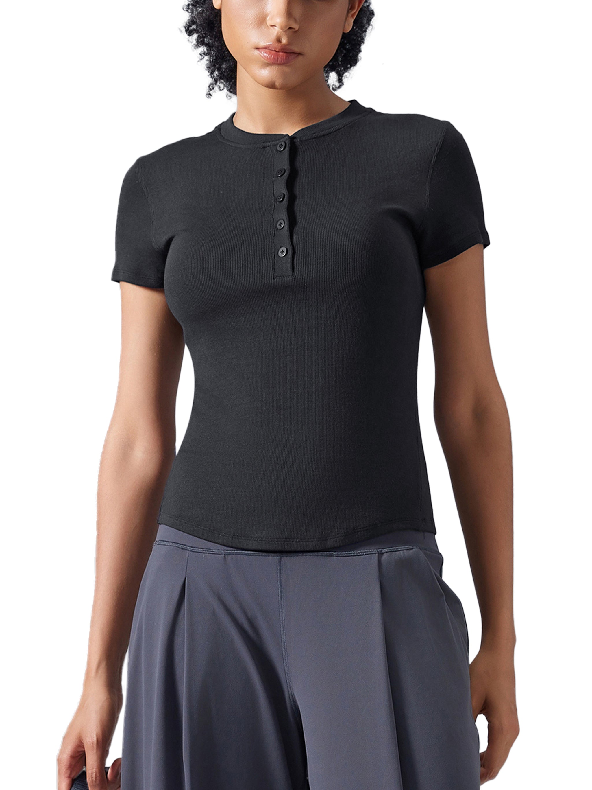 ODMPOD modal bodycon Henley shirt, close-up of stylish T-shirt with buttoned neckline and soft fabric texture.