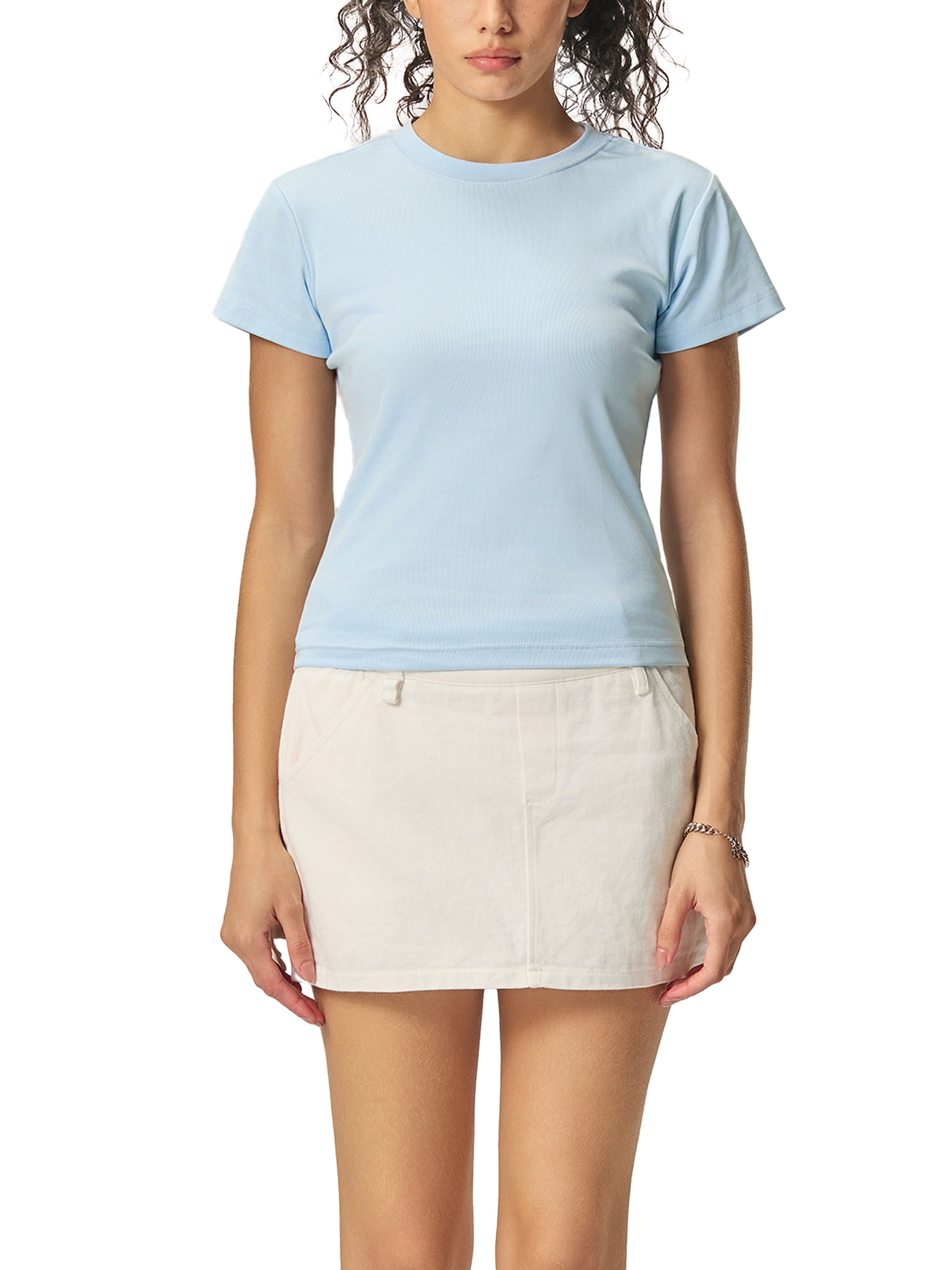 ODMPOD Essential Bodycon Crewneck T-Shirt in white, fitted casual T-shirt with crew neckline and short sleeves.