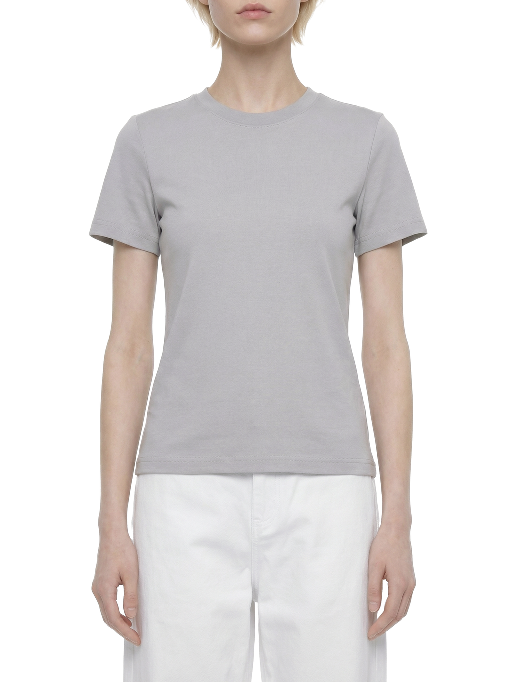 White ODMPOD Essential Standard Shoulder T-Shirt displayed on a hanger, showing a plain crew neckline and short sleeves.